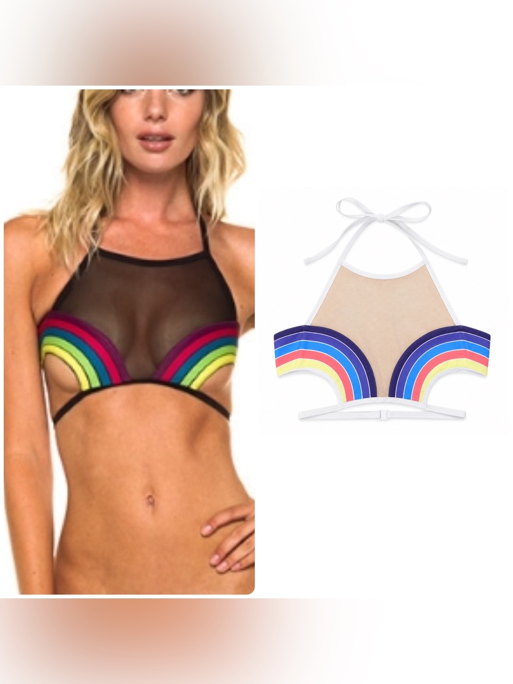 New! Pacific & Driftwood White Mesh & Rainbow Cutout Halter Bikini Top 🌈 XS NWT